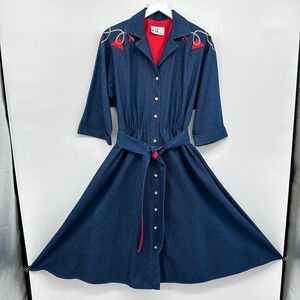 Vintage Denim Midi Dress Medium Pockets Western Cottagecore Rodeo Prairie USA‎